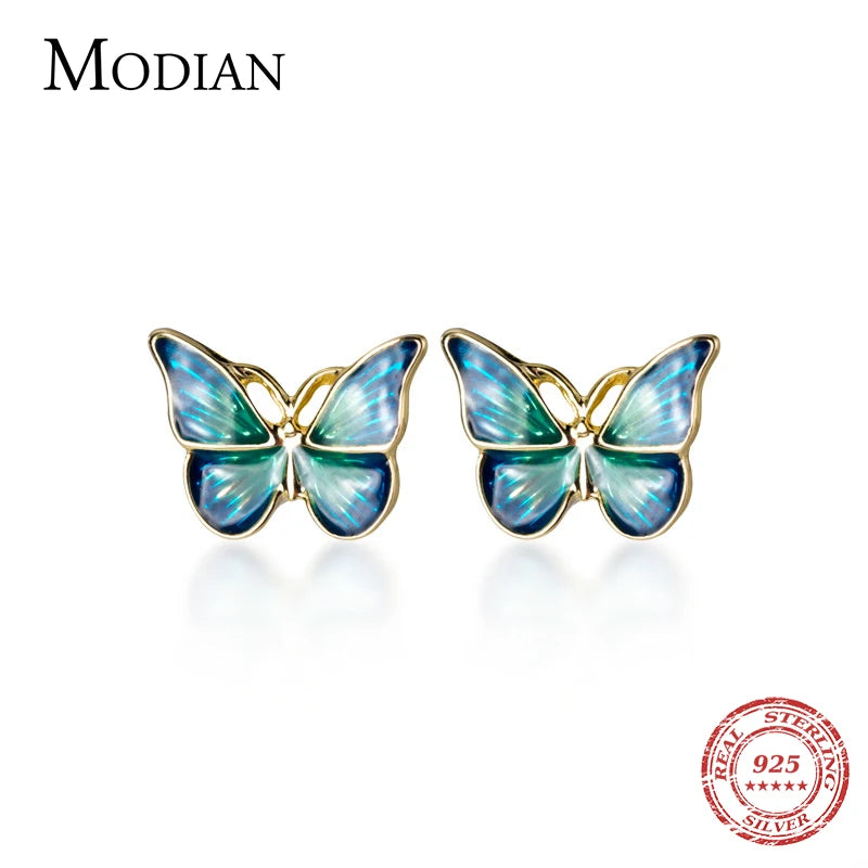 MODIAN Blue Enamel Lovely Butterflies Stud Earring for Women 925 Sterling Silver Insect Ear Studs Fine Jewelry Bijoux