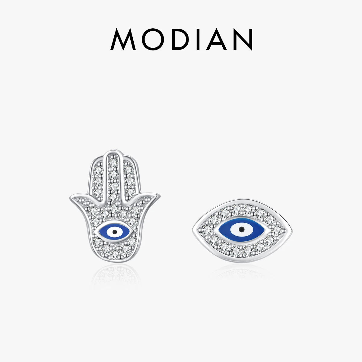 MODIAN CZ Blue Eye Enamel Palm Stud Earrings 925 Sterling Silver Sparkling The Hand of Fatima Earring For Women Fine Jewelry
