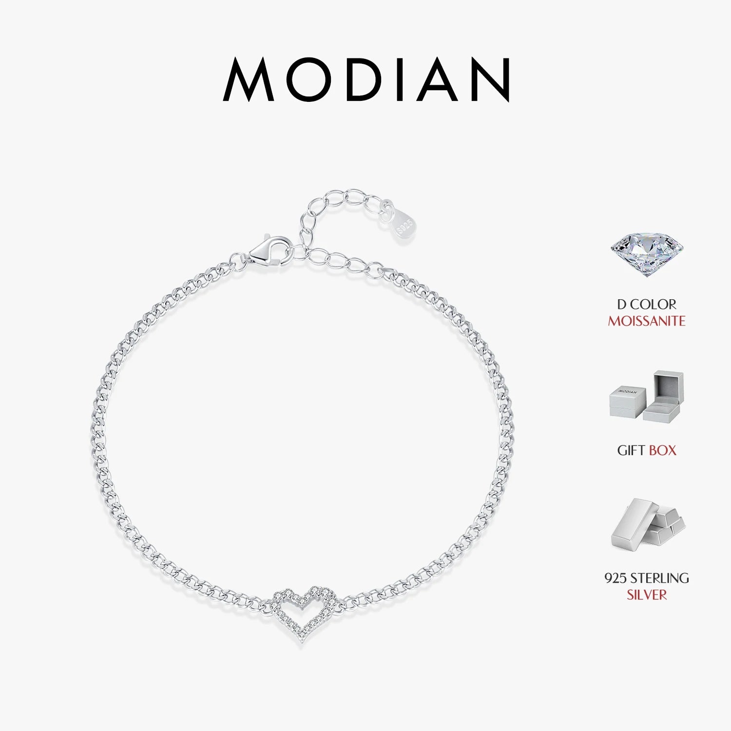 MODIAN D Color Pave Setting Moissanite Bracelets 925 Sterling Silver Romantic Heart Gourmette Bracelet For Women Jewelry Gifts