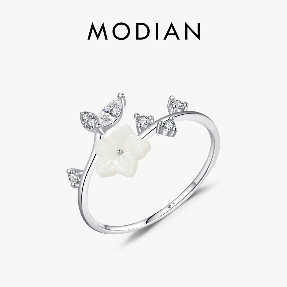 MODIAN Exquisite Shell Pearl Thin Flower Ring Real 925 Sterling Silver Opening Size Stackable Finger Rings For Women Jewelry