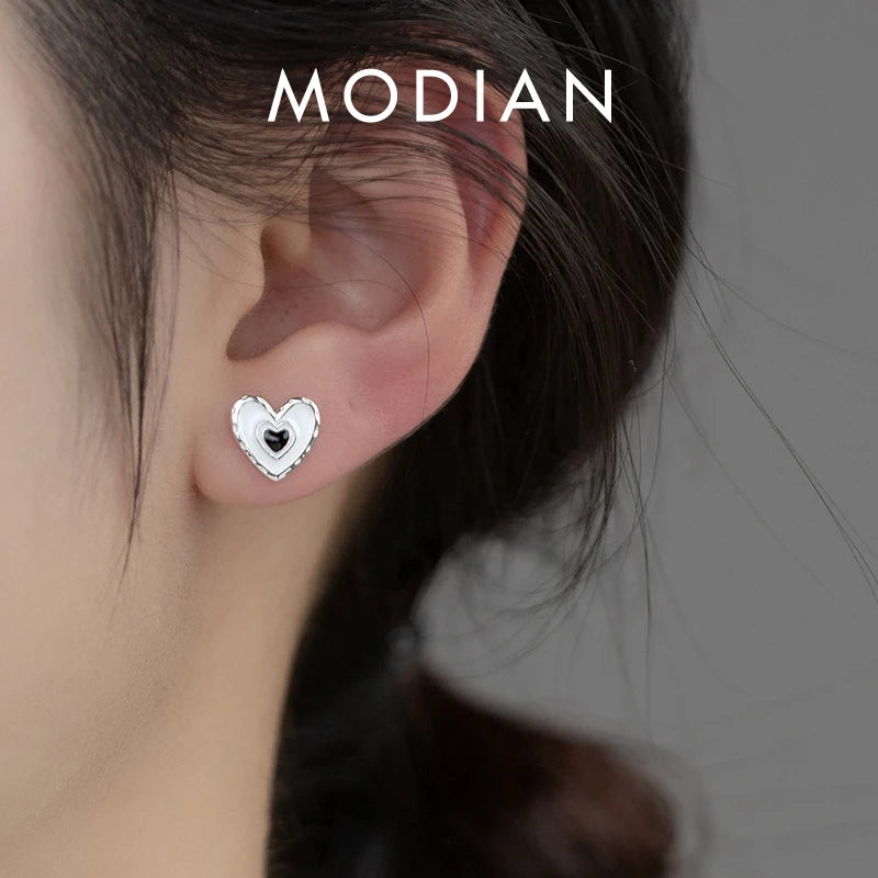 MODIAN Genuine 925 Sterling Silver Cute Layering Heart Stud Earrings For Women 4 Color Delicate Enamel Ear Studs Fine Jewelry