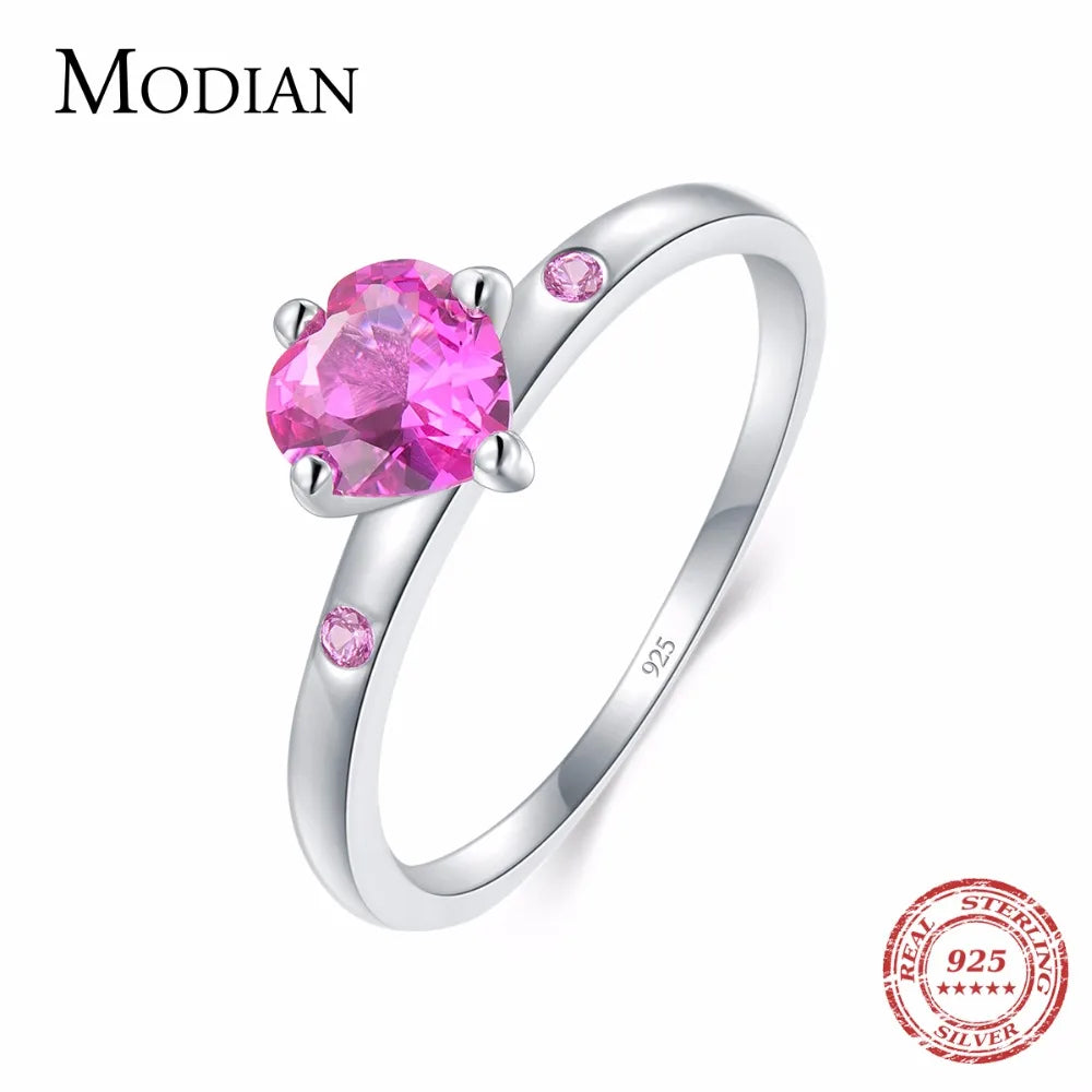 MODIAN Genuine 925 Sterling Silver Romantic Ring Heart RED CZ Finger Rings for Women Wedding Anniversary Jewelry Anel
