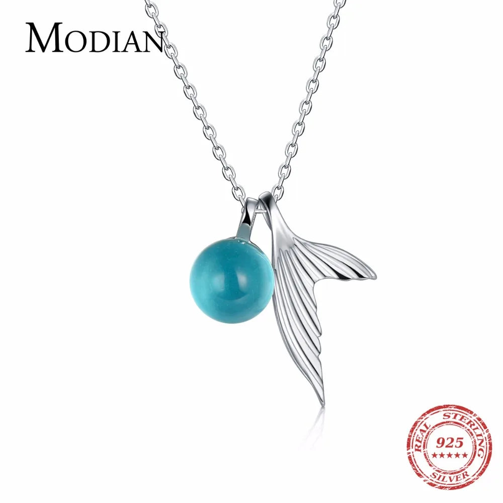 MODIAN 925 Sterling Silver Necklace Pendants Jewelry For Women With Chain Luxurious Mermai Crystal Stone Accessories