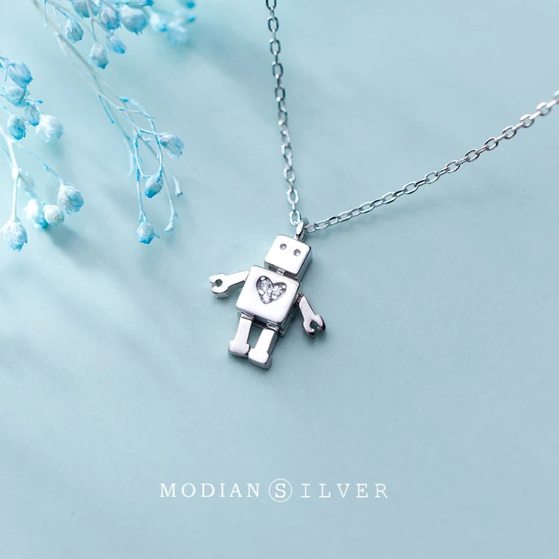 MODIAN Link Chain Necklace for Women Pure 925 Sterling Silver Dazzling Zircon Hearts Cute Robot Pendant Necklace Fine Jewelry