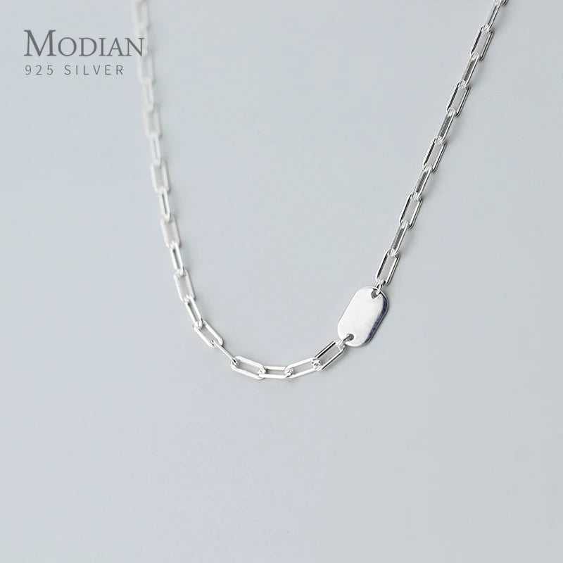 MODIAN Minimalist Oval Pendant Necklace for Women 925 Sterling Silver Geometric Link Chain Necklace Fine Jewelry Accessories