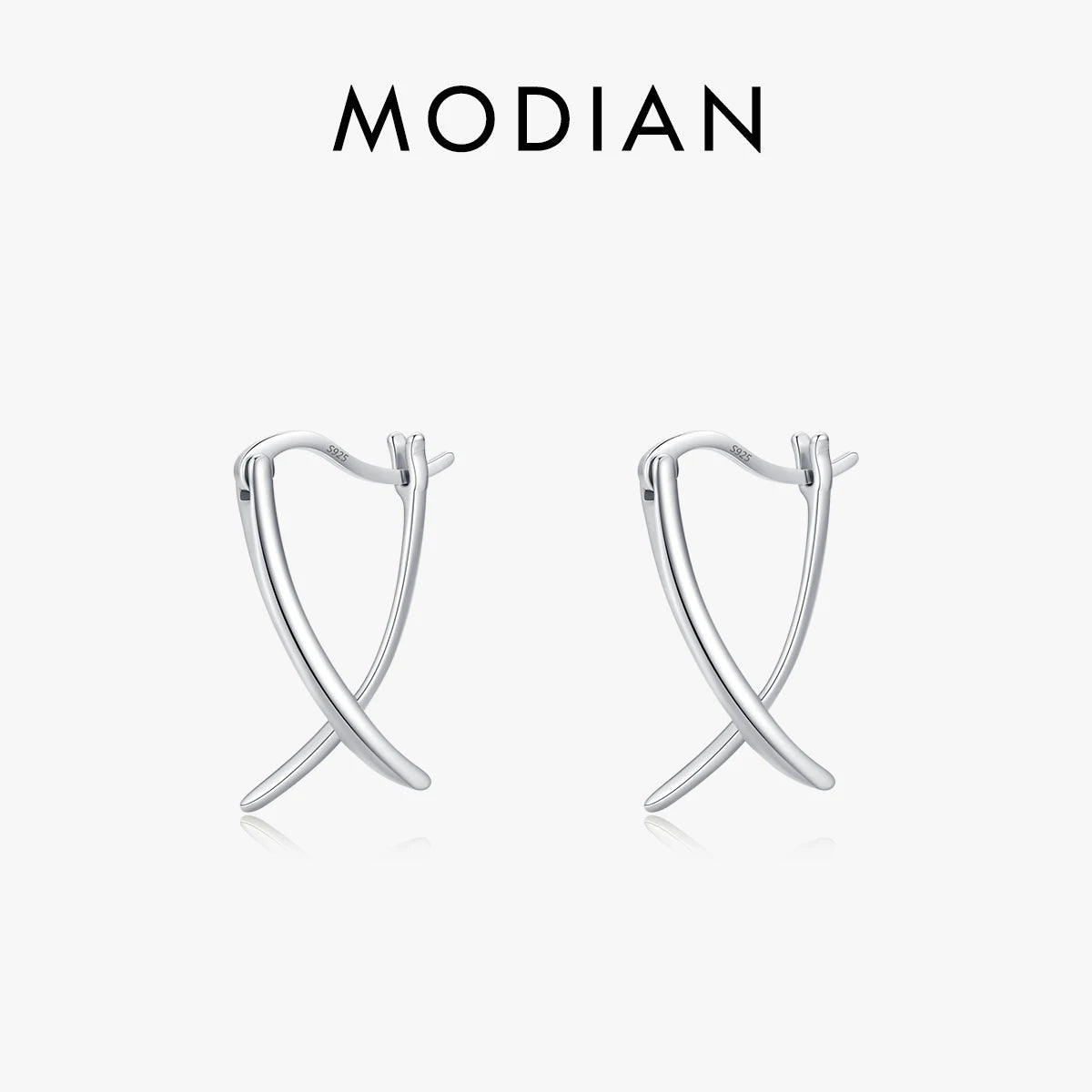 MODIAN Pure 925 Sterling Silver Simple Cross Line Ear Buckles Sense Of Design Hoop Earrings For Women Fine Jewelry
