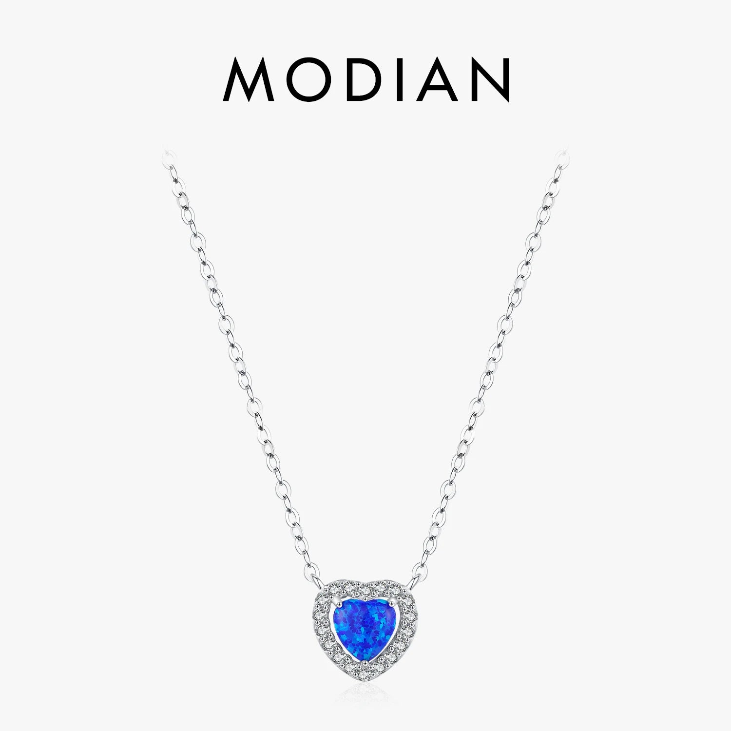 MODIAN Real 925 Sterling Silver Exquisite Blue Opal Heart Pendant Necklace For Women Fine Jewelry Romantic Anniversary Gifts