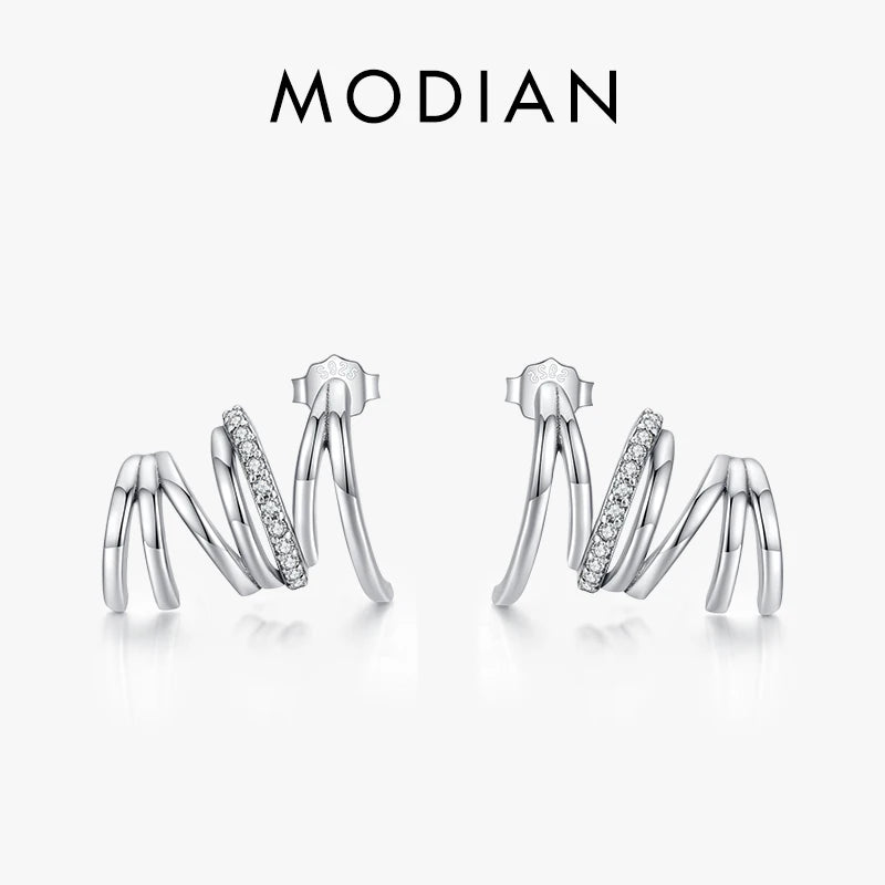 MODIAN Real 925 Sterling Silver Geometric Line Earrings Inlaid With Brilliant Zirconia Wave Stud Earrings Jewelry Gift