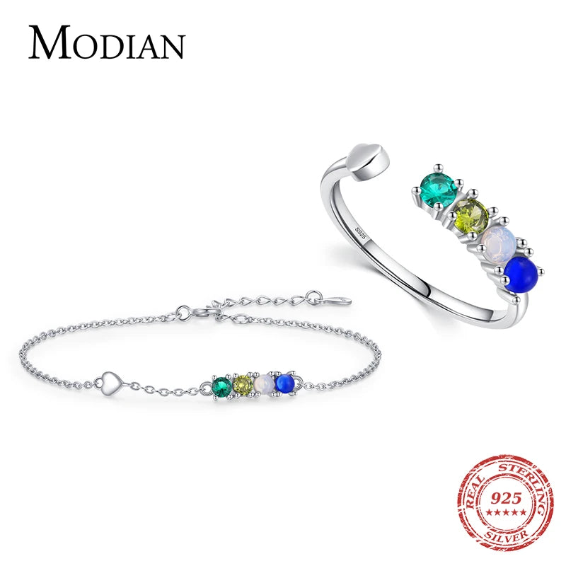 MODIAN Real 925 Sterling Silver Romantic Heart Rainbow Color Crystal Rings Bracelet Bangle Jewelry Sets For Women Fine Jewelry