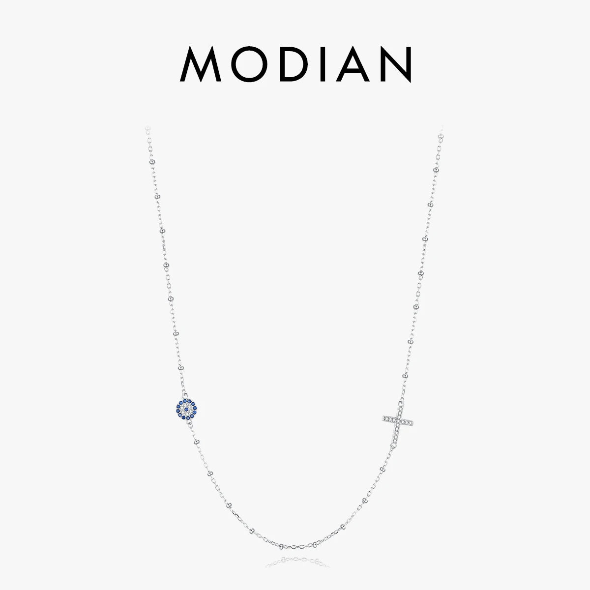 MODIAN Simple Cross Beads Necklace Real 925 Sterling Silver Blue Zirconia Eye Link Chain Necklaces For Women Party Fine Jewelry