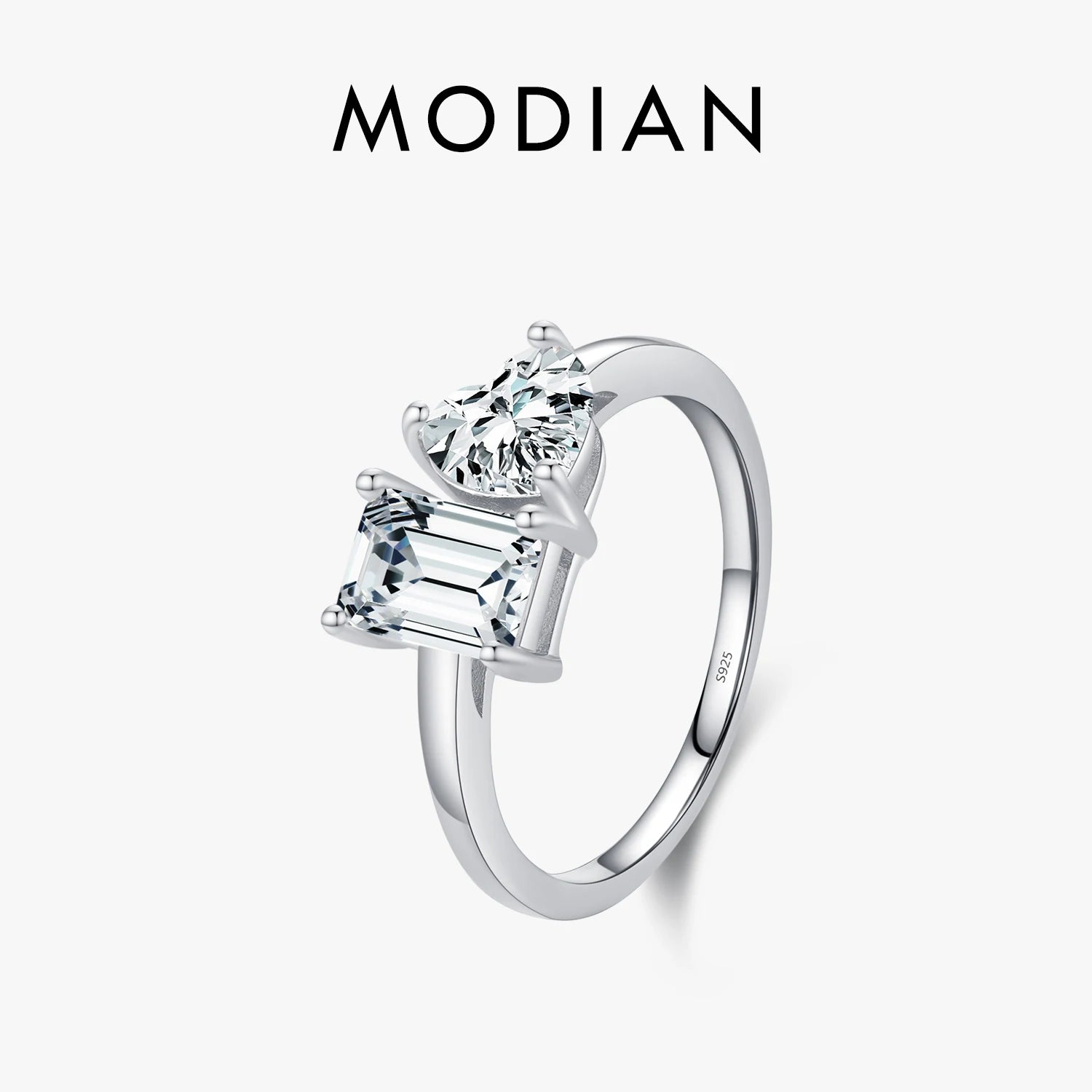 MODIAN Solid 925 Sterling Silver Rectangle & Heart Sparkle Clear CZ Female Ring For Women Wedding Fine Promise Jewelry