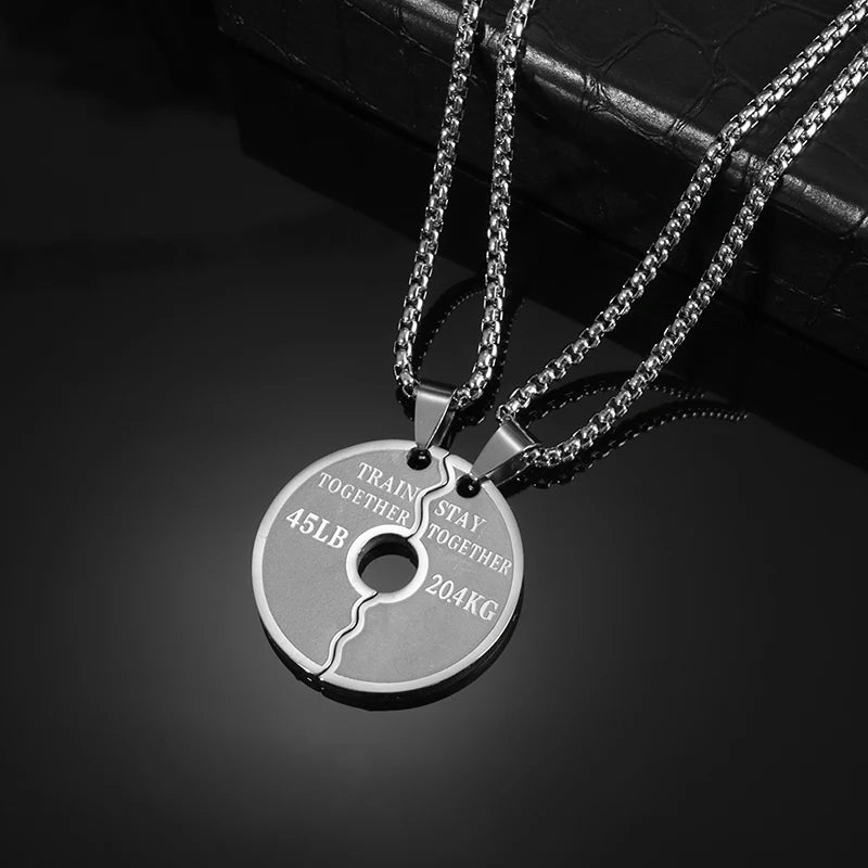 Men Women  Fitness Stainless Steel Weight Plate Barbell Chain Pendant Necklace Couples Casual Sports Jewelry