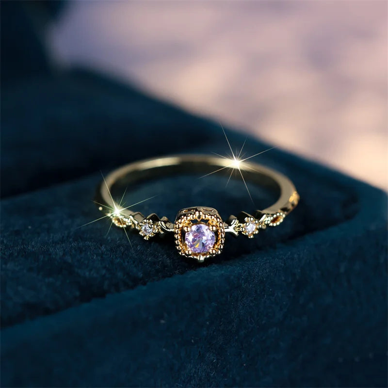 Minimalist Inlaid High Purple Zircon Twist Cute Ring  Gold Color Dainty Vintage Boho Wedding Rings For Women Jewelry Gift