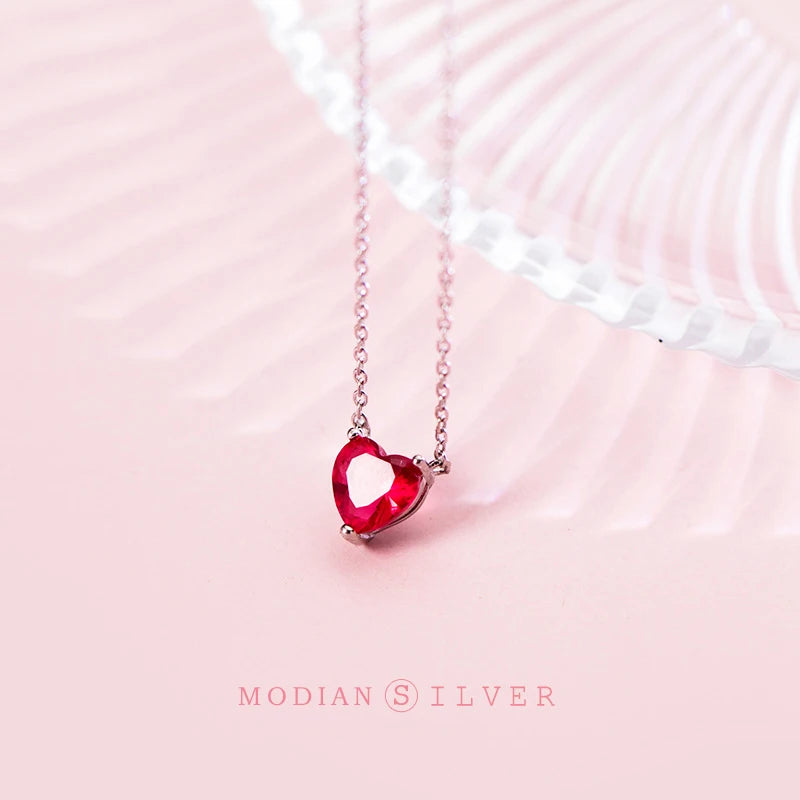 Modian 100% 925 Sterling Silver Red CZ Heart Necklace Pendant  for Women Short Necklaces France Style 2020 Mode Collar Bijoux
