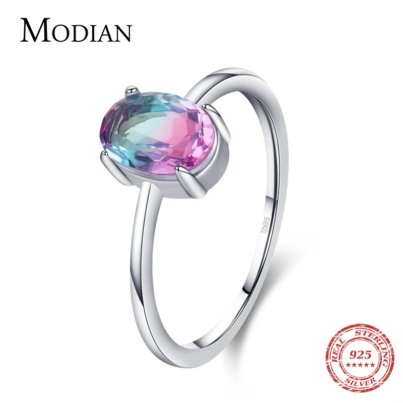 Modian 100% Real 925 Sterling Silver Simple Luxury Oval Rainbow Color Tourmaline Finger Ring For Women Wedding Statement Jewelry
