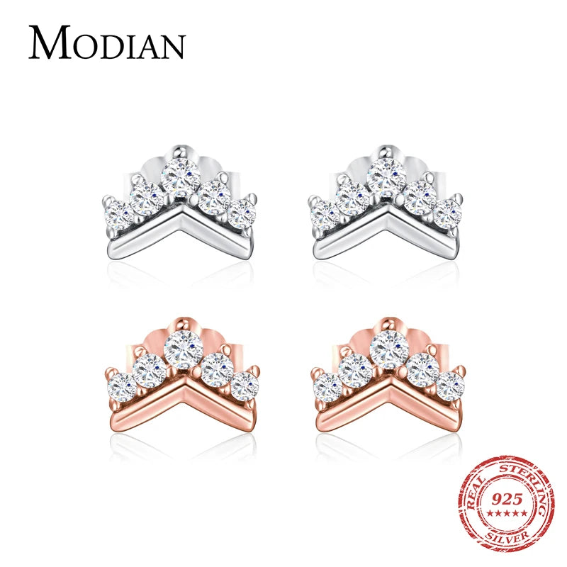 Modian 100% 925 Sterling Silver Simple Clear CZ Crown Charm Stud Earrings For Women Cute Party Christmas Gift Jewelry