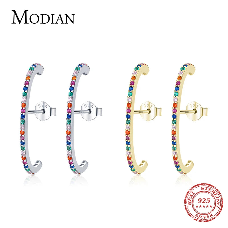 Modian New Trendy Luxury Rainbow Colorful Ear Studs 925 Sterling Silver Sparkling CZ Stud Earrings For Women Girls Jewelry