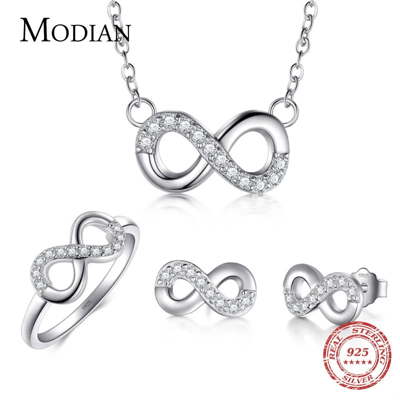 Modian Solid 925 Sterling Silver Jewelry Set Clear CZ Infinite Love Ring Classic Stud Earrings Necklace Chain