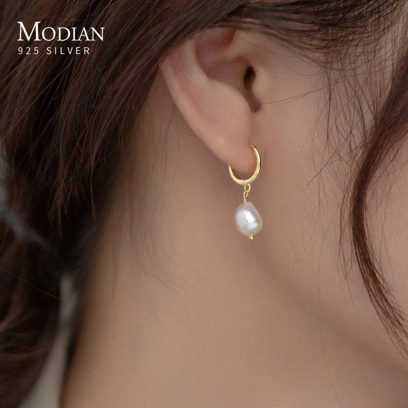 Modian 925 Sterling Silver Baroque Pearl Ear Buckles For Women Trendy Bright Simple Hoop Earrings Fine Jewelry Luxury Gift
