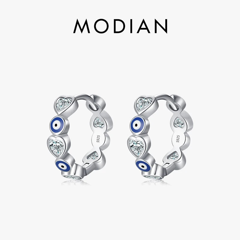 Modian 925 Sterling Silver Blue Enamel Eyes Charm Hoop Earrings Party Hearts Zircon Ear Buckle For Women Fine Jewelry