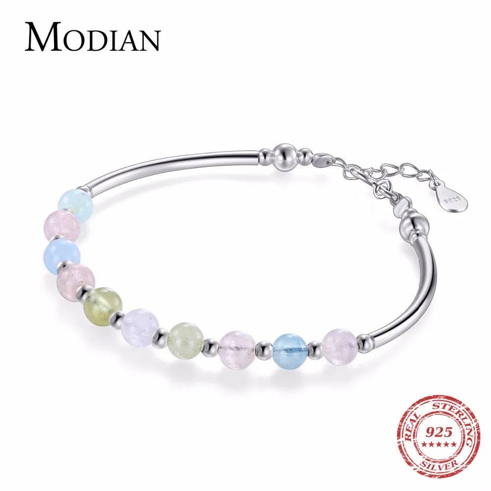 Modian 925 Sterling Silver Colorful Beads Crystal Charms Bracelet New Luxury Bangle Chain For Women Party Jewelry