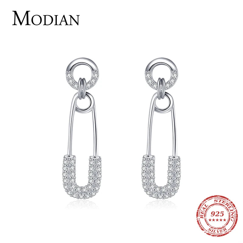 Modian 925 Sterling Silver Earring For Women Girls Dazzling Swing Pin Clear CZ Stud Earrings Trendy Brooch Wedding Fine Jewelry