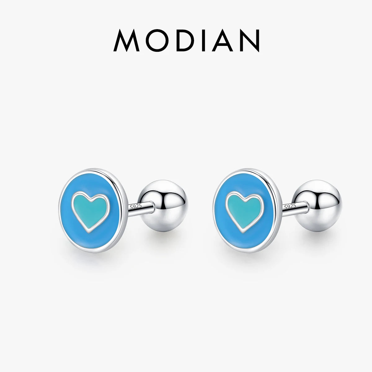 Modian 925 Sterling Silver Enamel Heart Simple Round Stud Earrings Minimalist Screw Beads Earrings For Women Fine Jewelry Gifts