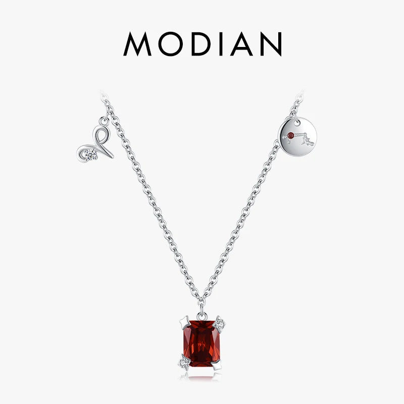 Modian 925 Sterling Silver Exquisite Twelve Constellations Red Zirconia Aries Necklace Pendant For Women Fine Jewelry Gifts