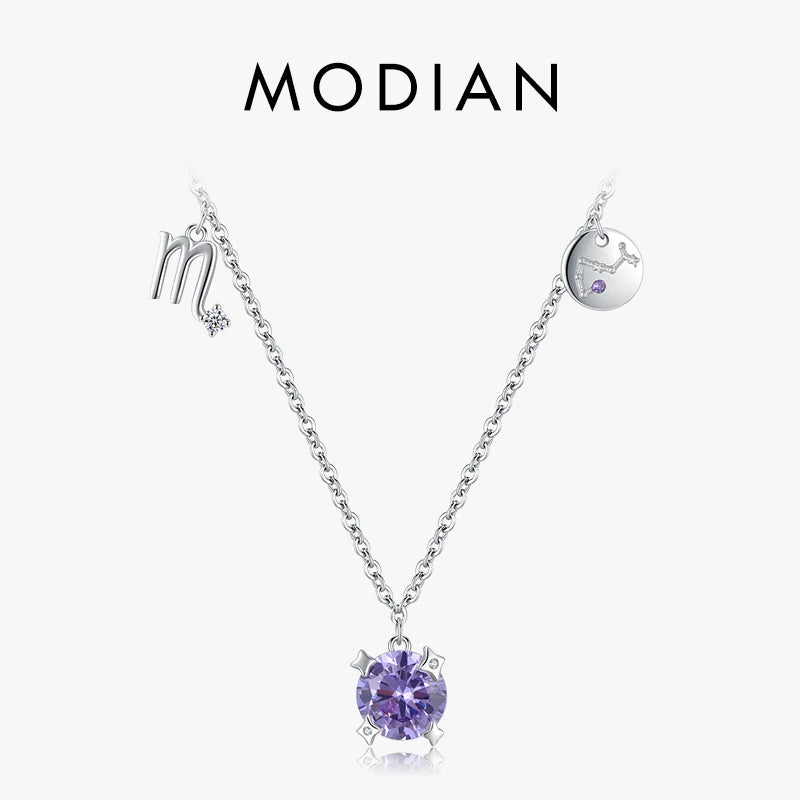 Modian 925 Sterling Silver Luxury Round Zircon Constellation Scorpio Chain Necklace Pendant For Women Jewelry Bijoux Girl Gifts