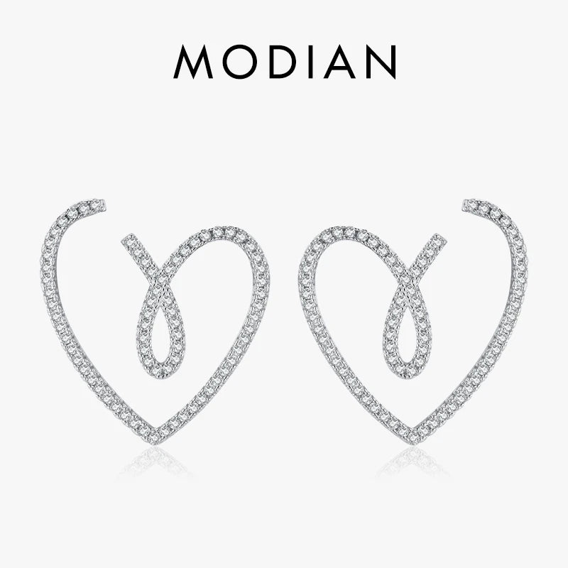 Modian 925 Sterling Silver Luxury Sparkling Clear CZ Line Hearts Stud Earrings For Women Wedding Party Jewelry Hypoallergenic