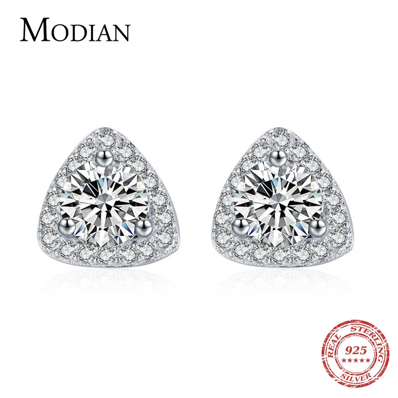 Modian 925 Sterling Silver Luxury Triangle Stud Earrings for Women Sparkling Clear Cz Ear Studs Fine Elegant Weddings Jewelry