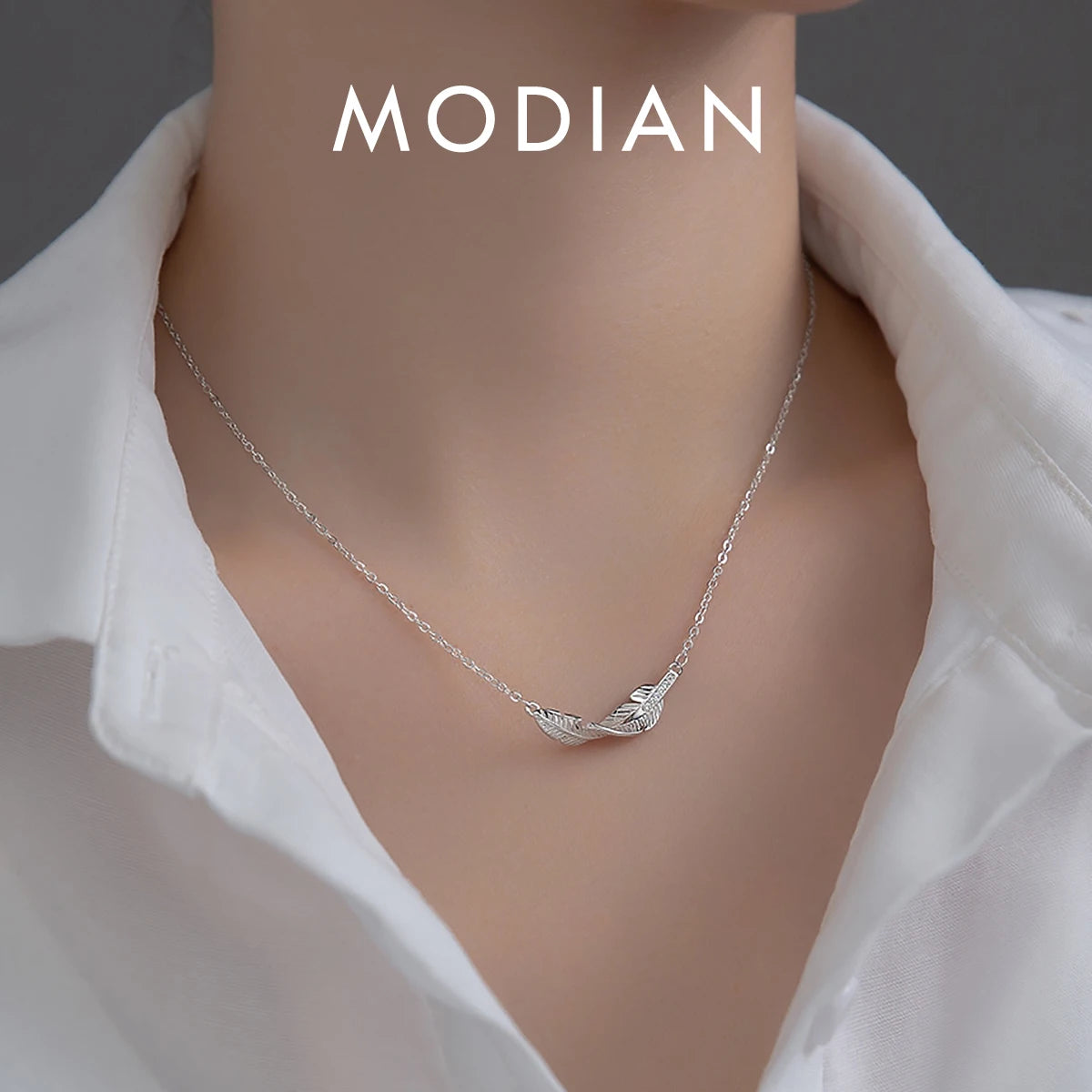 Modian 925 Sterling Silver Platinum Plated Lucky Leaf Geometric Pendant Necklace Link Chain For Women Valentine's Day