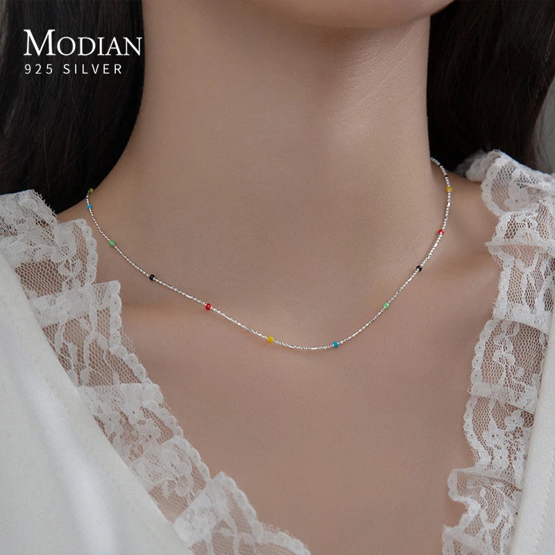 Modian 925 Sterling Silver Rainbow Color Crystal Necklace For Women Shiny Simple Long Chain Choker Fine Jewelry Gift