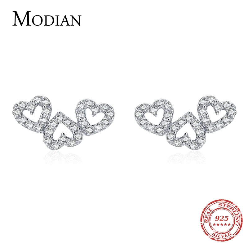 Modian 925 Sterling Silver Romantic Heart to Heart Ears Stud Earrings for Women Wedding Engagement Jewelry Valentine's Day Gifts