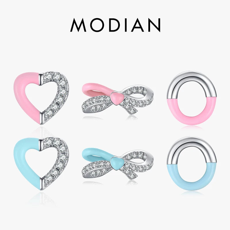 Modian 925 Sterling Silver Simple Enamel Hearts Ear Studs Trendy Round Bowknot CZ Female Stud Earrings For Women Fine Jewelry