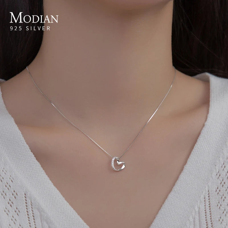 Modian 925 Sterling Silver Simple Line Heart Necklace Pendant For Women Platinum Plated Chain Choker Fine Jewelry Wedding Gift