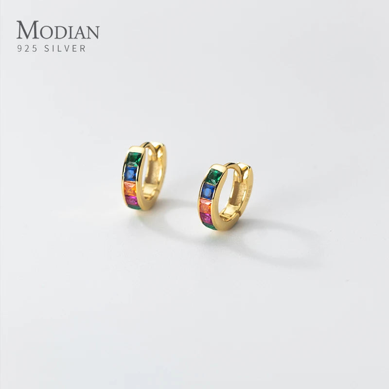 Modian 925 Sterling Silver Simple Rainbow Color Ear Buckles for Women 14k Gold Plated Gorgeous Real Silver Earrings Fine Jewelry