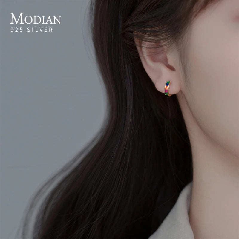 Modian 925 Sterling Silver Simple Rainbow Color Ear Buckles for Women 14k Gold Plated Gorgeous Real Silver Earrings Fine Jewelry