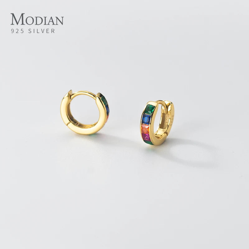 Modian 925 Sterling Silver Simple Rainbow Color Ear Buckles for Women 14k Gold Plated Gorgeous Real Silver Earrings Fine Jewelry