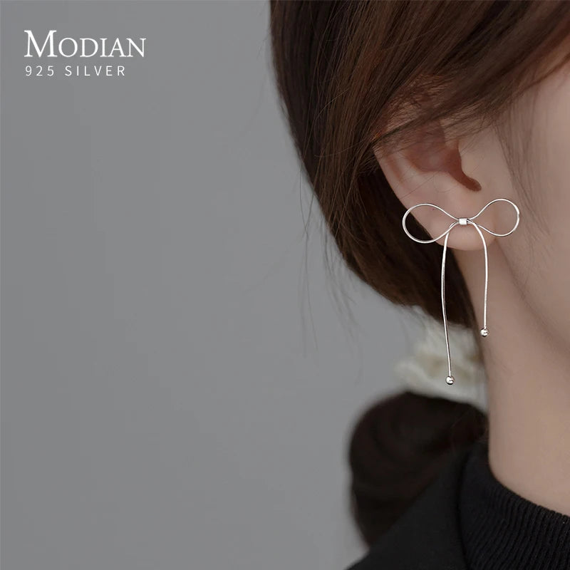 Modian 925 Sterling Silver Snake Chain Bowknot Ear Studs Simple Line Charm Stud Earrings For Women Trendy Fine Jewelry Gifts