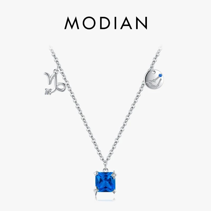 Modian 925 Sterling Silver Square Blue Zircon Capricornus Necklace Pendant Charm Birthstone Fine Jewelry For Women Gift