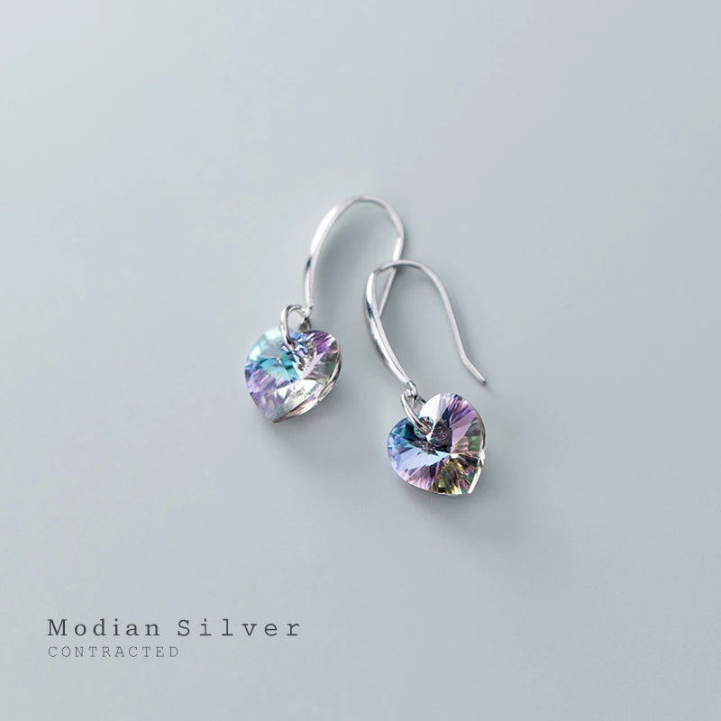 Modian Authentic 925 Sterling Silver Charm Ear Heart Shape Rainbow Crystal Dangle Earrings for Women Lady Jewelry Gift