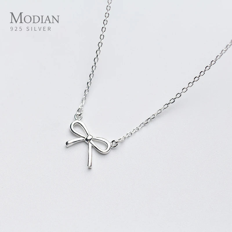 Modian Authentic 925 Sterling Silver Elegant Bowknot Necklace Pendant for Women Fine Statement Jewelry Gifts Bijoux