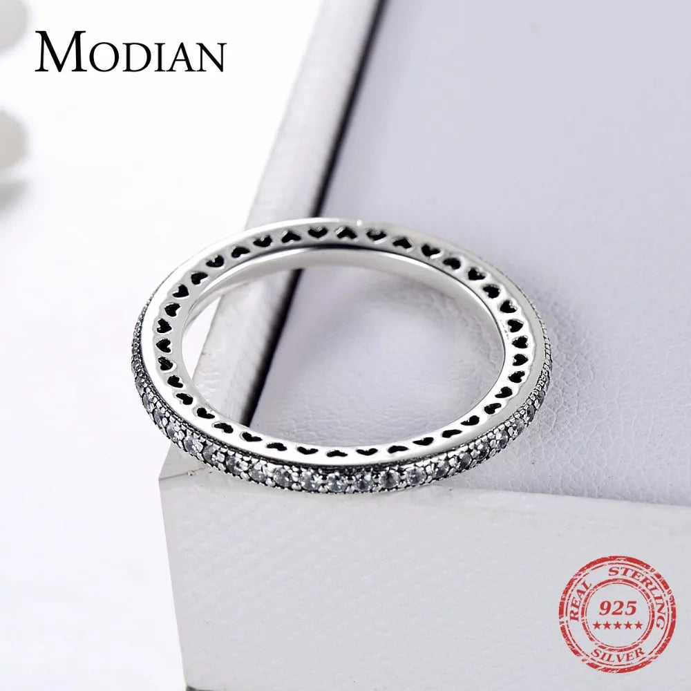 Modian Authentic 925 Sterling Silver Hearts Ring Clear CZ Stackable Vintage Classic Luxury For Women Engagement Gift