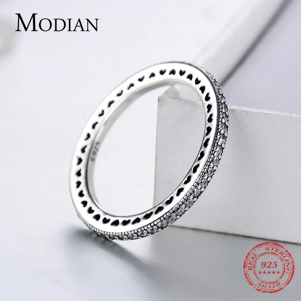 Modian Authentic 925 Sterling Silver Hearts Ring Clear CZ Stackable Vintage Classic Luxury For Women Engagement Gift