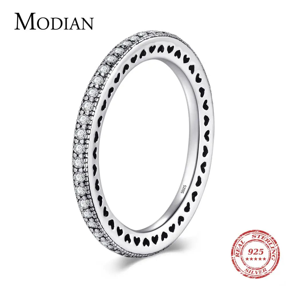 Modian Authentic 925 Sterling Silver Hearts Ring Clear CZ Stackable Vintage Classic Luxury For Women Engagement Gift