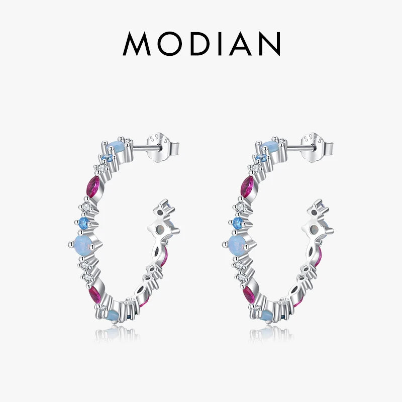 Modian Authentic 925 Sterling Silver Rainbow Color Zirconia Charm Stud Earrings For Women Ear Studs Wedding Gift Fine Jewelry