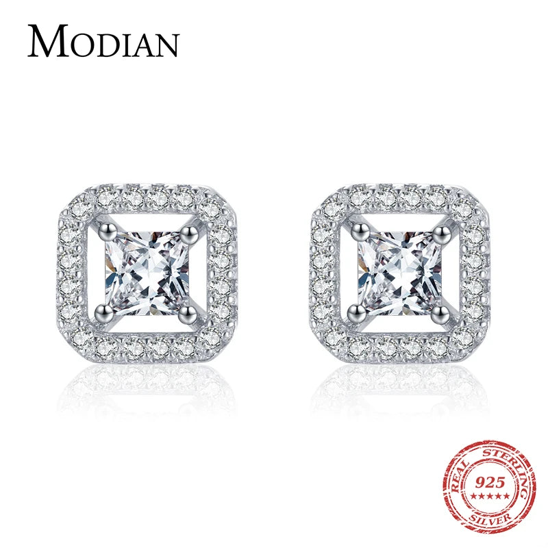 Modian Authentic 925 Sterling Silver Twinkling Geometric Square Stud Earrings for Women Classic Wedding Engagement Jewelry