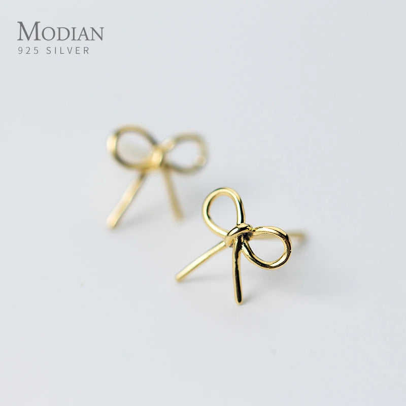 Modian Charm Gold Color Bowknot Earrings for Women 100% 925 Sterling Silver Simple Exquisite Stud Ear Jewelry Bijoux