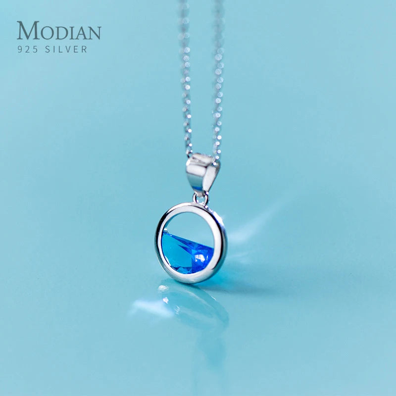 Modian Charm Round Geometric Seawater Zirconia Necklace Pendants Real 925 Sterling Silver Chain Jewelry For Women Party Jewelry
